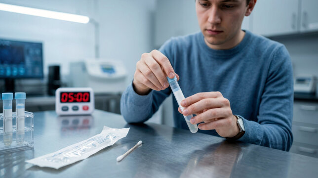 Research participant giving a saliva sample after a cognitive stress task with a sterile collection tube and swab packet.