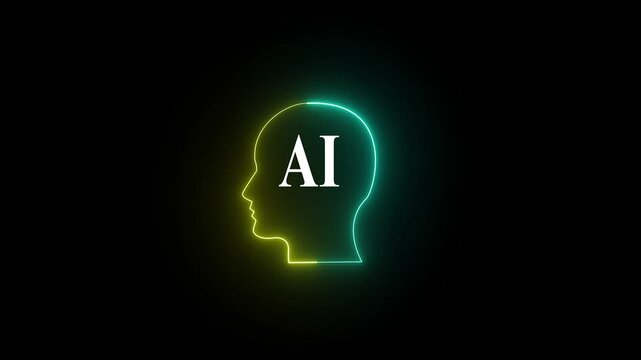 Neon outline of a human head profile with AI text inside in yellow and cyan gradient light artificial intelligence