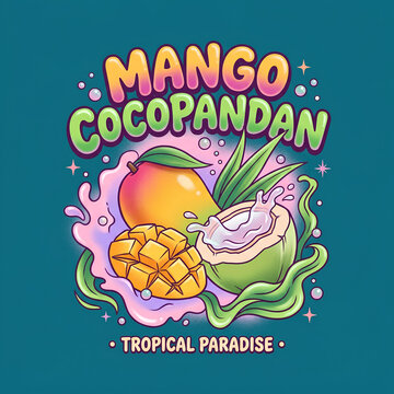 Colorful Mango Cocopandan Tropical Paradise Illustration.