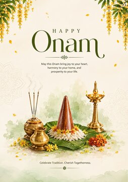 Happy Onam social media post. Creative festival greeting with traditional oil lamp decor.