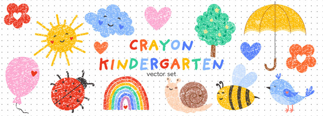 Obraz premium Crayon drawing by kid with child rainbow sketch. Kindergarten alongside children flower and painting motifs in summer. Style pencil outlines of snail easter egg playground swing