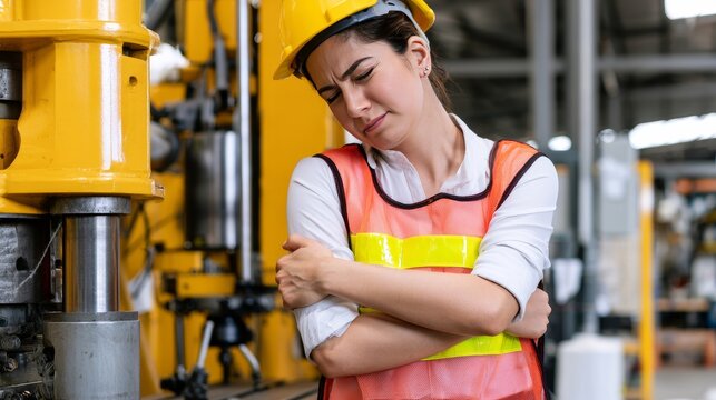 Factory worker standing near industrial machinery with arm pain after workplace injury, showing manufacturing risks, occupational health concerns, physical strain, and employee safety awareness