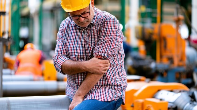 Factory worker standing near industrial machinery with arm pain after workplace injury, showing manufacturing risks, occupational health concerns, physical strain, and employee safety awareness