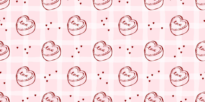 Day valentine whimsical with doodle candy seamless for heart cake party. Vector design vintage with coquette couple menu for pattern wedding holiday. Love dinner day with sketch doodle retro.