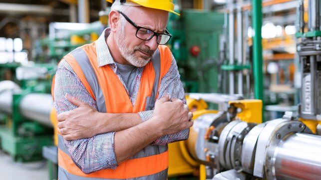 Factory worker standing near industrial machinery with arm pain after workplace injury, showing manufacturing risks, occupational health concerns, physical strain, and employee safety awareness