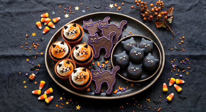 Halloween cat themed desserts set with cupcakes, cookies, and macarons on dark background.