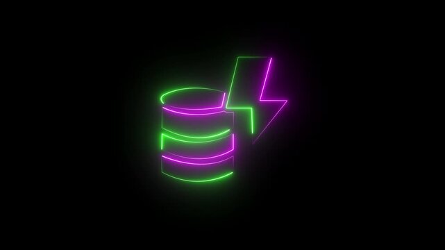 Neon database icon with lightning bolt symbol on black background storage
