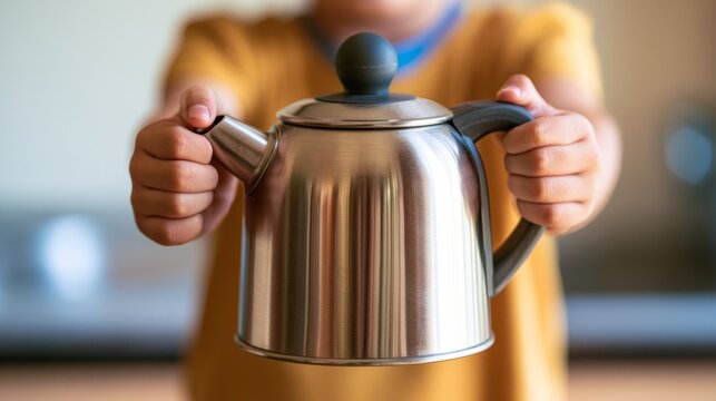Child holding hot electric kettle at home, showing dangerous situation with burn risk, household accident prevention, safety awareness and protection concerns in domestic environment