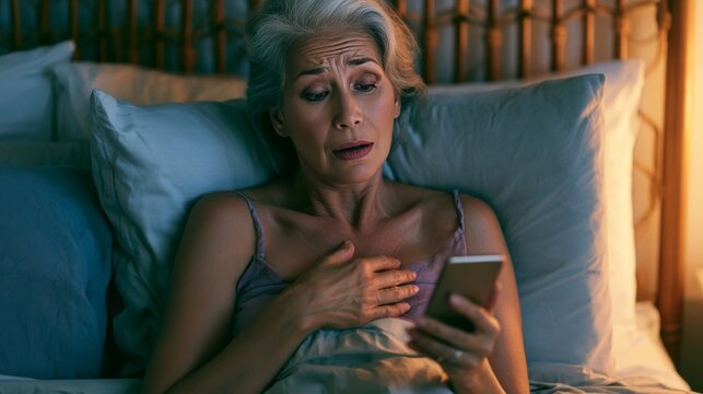 Mature woman suffering cardiac crisis at night while holding chest in bed, using smartphone to contact urgent medical assistance, emergency health situation and medical care concept