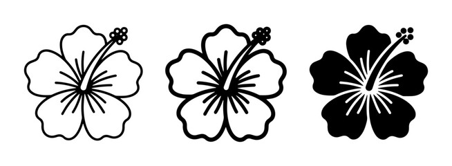 Obraz premium Hibiscus Flower Icons, Tropical Floral Vector Graphics, Simple Outline and Silhouette Designs