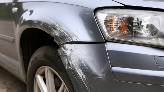 Mechanical damage to the front fender of a passenger car, showing vehicle collision impact, body repair needs, automotive maintenance, accident damage and transportation safety concerns