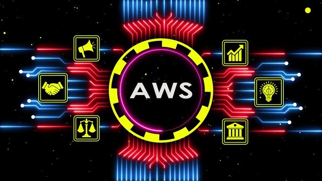 Digital cloud technology network hub with business icons and glowing circuits animation.
