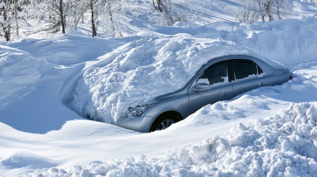 Silver car buried in heavy snowfall after a severe winter storm, showing extreme weather conditions, transportation challenges, winter hazards, frozen landscape and vehicle safety concerns