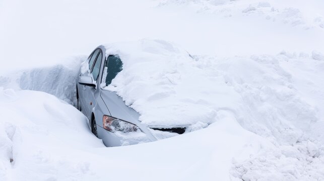 Silver car buried in heavy snowfall after a severe winter storm, showing extreme weather conditions, transportation challenges, winter hazards, frozen landscape and vehicle safety concerns