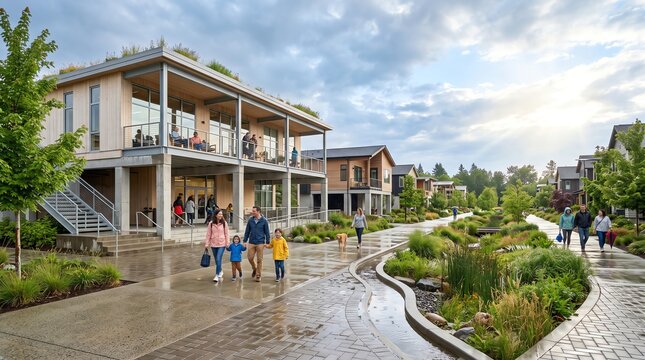 A scenic sustainable community neighborhood path after rainfall with people walking during a bright afternoon