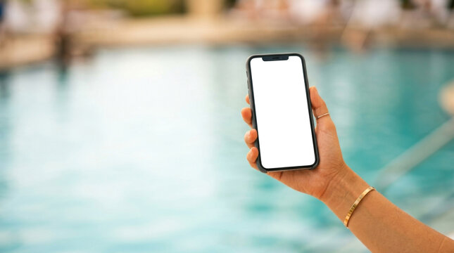 Hand holding a smartphone with blank screen beside a swimming pool, ideal for travel and app advertising mockups