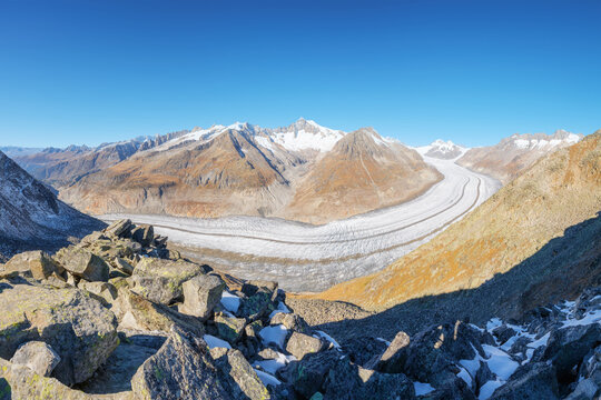 Panoramic aerial view of Aletsch Glacier surrounded by mountain peaks in Switzerland. Alpine glacier landscape with snow and rocks on sunny day.