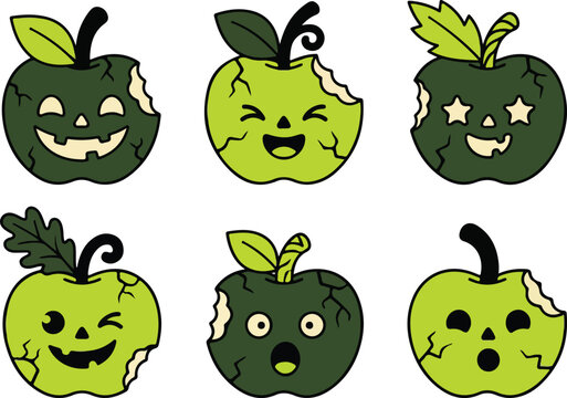 Set of cute hand drawn spooky apple characters with different facial expressions for halloween party decoration designs