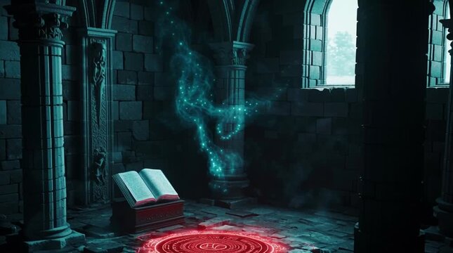 古代遺跡の石床に赤く浮かび上がる魔法陣と開かれた魔導書があるファンタジーCG背景