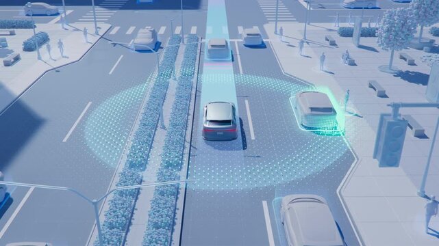 3D Animation Illustrating Technology and Sensors for Autonomous Taxi. Driverless Car Driving Through City Streets, Radars and Sensors are Shown. Concept: Fully Autonomous AI-Powered Self-Driving Taxi