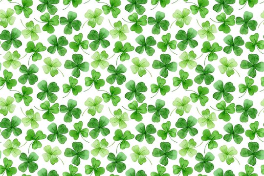 Seamless four-leaf clover pattern for St. Patrick's Day design. Lucky green shamrock texture background for spring and Irish-themed projects.