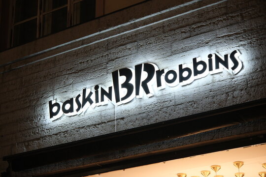 Harju County, Estonia-Nov. 29th 2025: Baskin Robbins brand logo shop sign