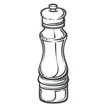 Pepper grinder in hand drawn black outline with a tall mill body and turning knob. Menu, packaging and stamp design feature this pepper grinder, vector illustration.