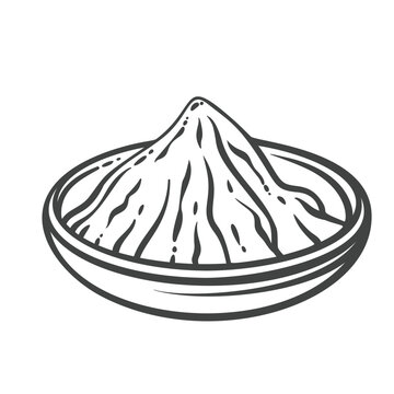 Turmeric powder in hand drawn black outline, piled in a shallow spice bowl. Menu, packaging and stamp design feature turmeric powder, vector illustration.