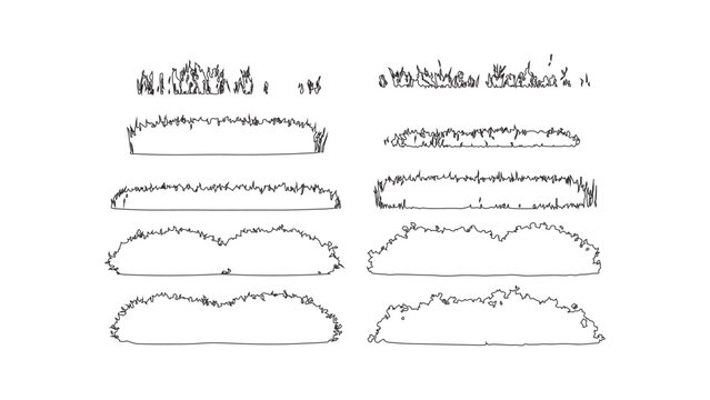 Set of forest line CAD elements, minimal ground cover and grass sections, elevation architectural side view illustrations isolated on white