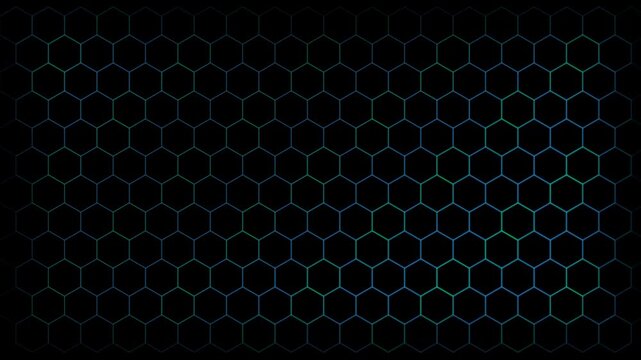 Dark abstract futuristic glowing green hexagon honeycomb pattern texture grid background for technology and modern design