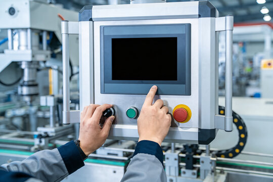 Operator uses touchscreen interface and rotary dial on industrial control panel in factory setting