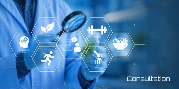 Holistic health consultation with integrated wellness, exercise, nutrition, and mobility assessments for optimal personal care