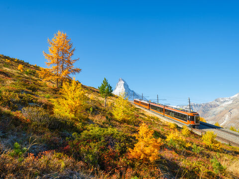 Passenger train on a railway in Zermatt, Switzerland. Autumn nature in the Alps. Train passes through autumn forest with Matterhorn peak in background.