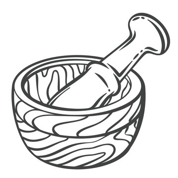 Mortar and pestle in hand drawn black outline with a deep grinding bowl and rounded tool. Menu, packaging and stamp design feature this mortar and pestle, vector illustration.