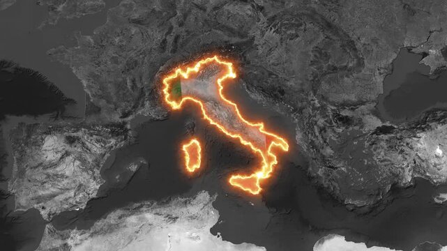 Italy Map Highlight with Fiery Glowing Border on Black and White World Map