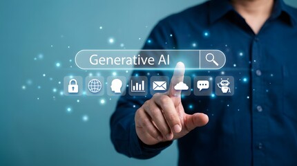Obraz premium Man touches a generative AI search bar on a virtual screen with various application icons.