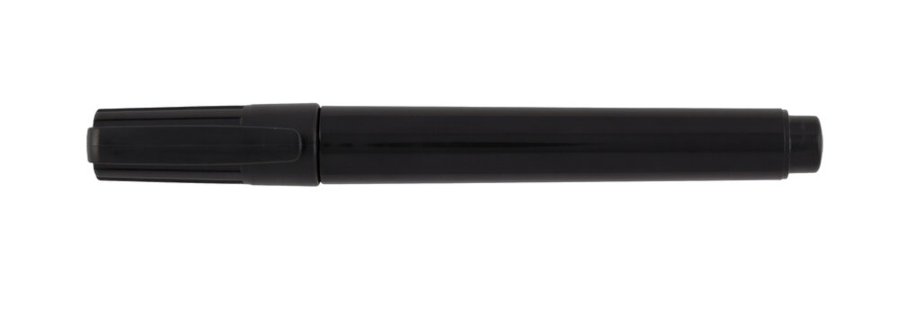 A single black marker pen with its cap on, isolated on a white background