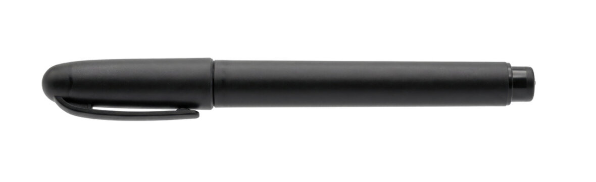 Black permanent marker pen with cap on, isolated on a white background