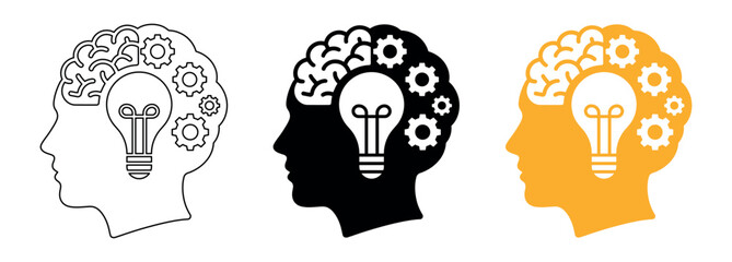 Human Head Silhouette with Brain Gears and Light Bulb Vector Icon Set for Brainstorming and Innovation Concept © Sususoft