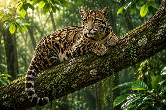Beautiful Clouded Leopard on Tree in Lush Jungle &ndash; Endangered Wildlife Nature Scene