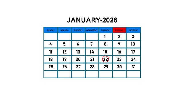 January 2026 calendar page with animated date selection circle on january 22nd schedule planning