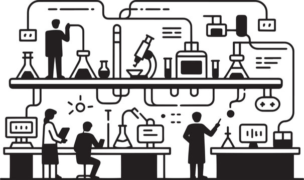 Detailed black and white laboratory scene with scientists and equipment