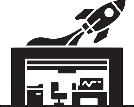 Minimalist black icon of a rocket launching from a modern office workspace