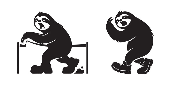 Black and white vector illustration of two funny sloths wearing shoes and walking Vector