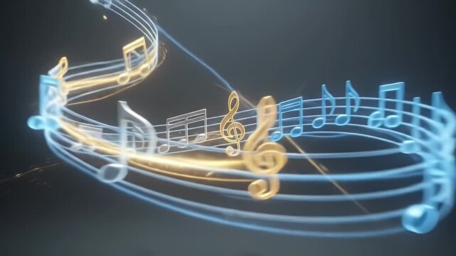 Golden musical treble clef symbol with light trails and sparks, abstract elegant concept of music and sound