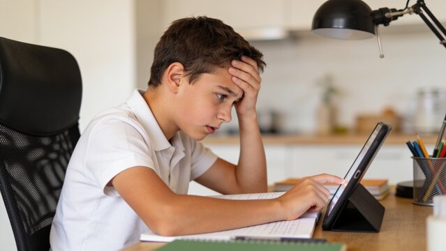 Stressed teenage boy sitting at desk and holding forehead while doing difficult homework on digital tablet at home.