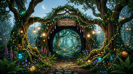 Obraz premium Magical fairy forest portal with glowing lights and lush green trees in an enchanted fantasy garden atmosphere with sparkling bokeh particles creating a mystical and dreamy nature landscape