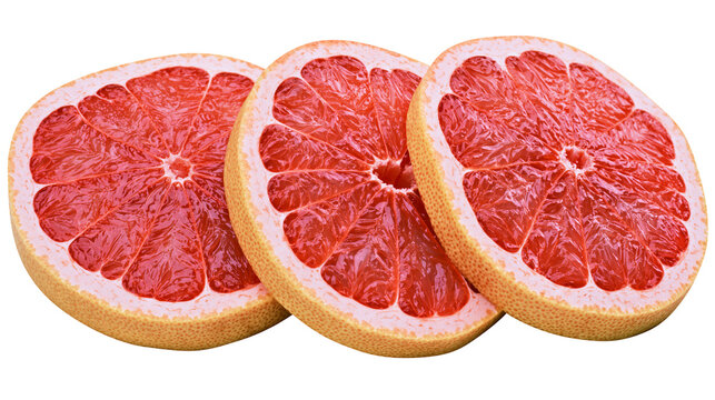 Three juicy pink grapefruit slices with textured rind, isolated on transparent background