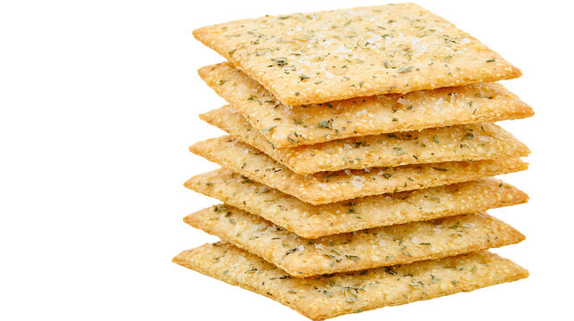 Stack of square herb crackers with visible herbs and salt, isolated on transparent background