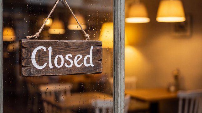 Rustic wooden closed sign hanging on a wet glass door of a cozy restaurant